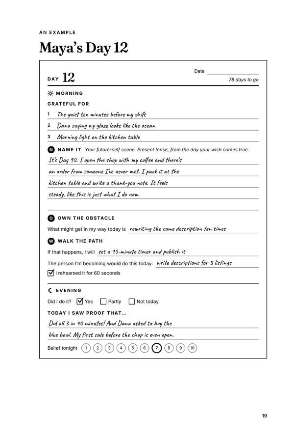 Maya’s Day 12, the journal’s example daily page, filled in by hand